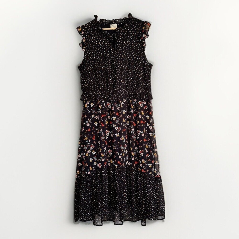 Ava James Womens Black Ditsy Floral Tiered Sheer Dress 1X Sleeveless Cottagecore